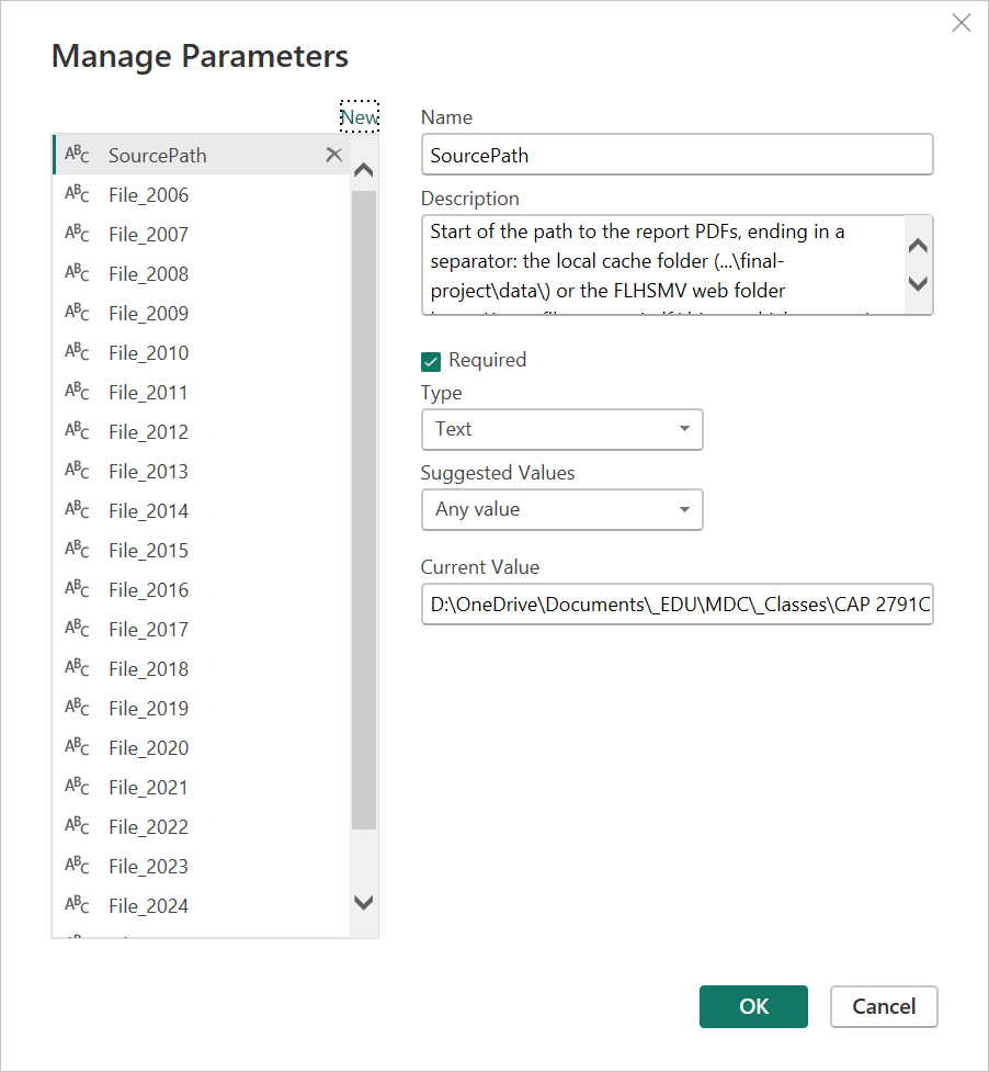 Manage Parameters dialog for SourcePath: type Text, required, with a description naming the local folder and the FLHSMV web folder.