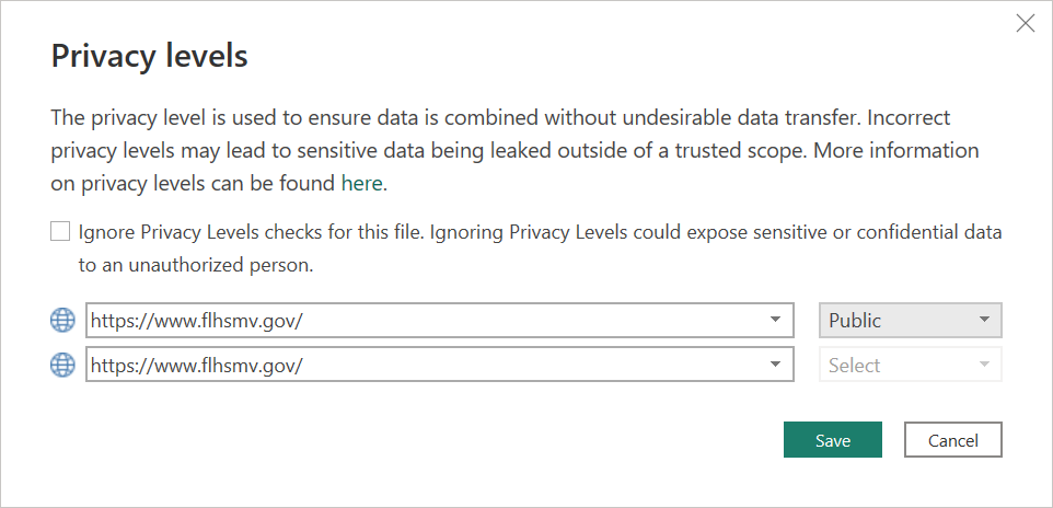 Power BI Privacy levels dialog for https://www.flhsmv.gov/ with Public selected.