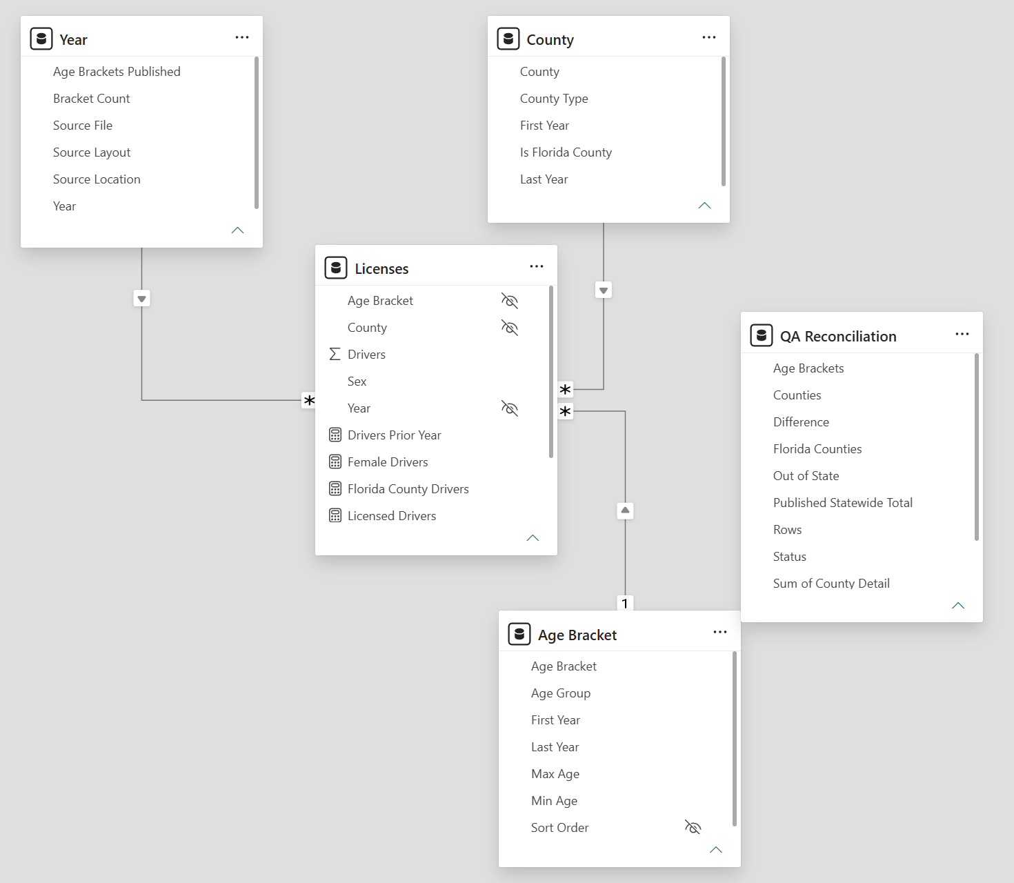 Model view: Licenses related many-to-one to Year, County and Age Bracket; QA Reconciliation has no relationships.